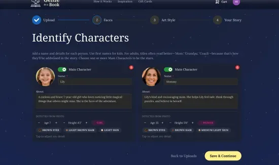 Screenshot of the character setup form showing four face thumbnail cards. Each card has a name field, age input, and a role selector (e.g., Child, Parent, Grandparent). One card is highlighted as "Main Character."