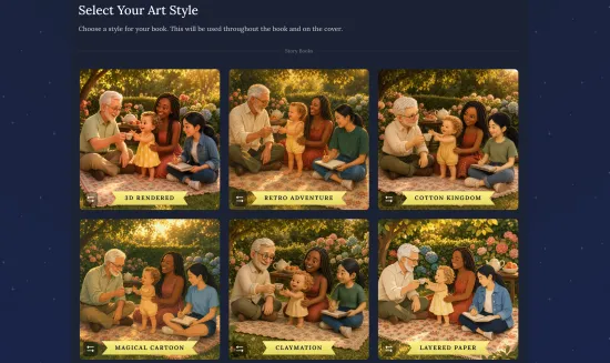 Screenshot of the "Select Your Art Style" page showing a grid of style thumbnails — 3D Rendered, Retro Adventure, Cotton Kingdom, Magical Cartoon, Claymation, Layered Paper, and Coloring Book — each showing a sample family scene rendered in that style.