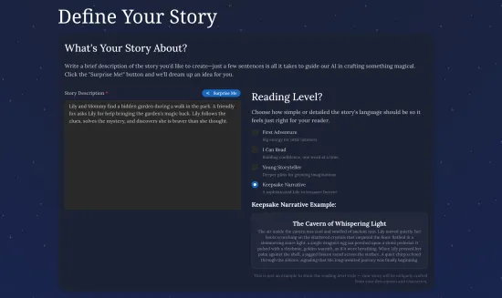 Screenshot of the "Define Your Story" page showing a story description textarea filled with a sample prompt, a "Surprise Me" button, and a reading level radio group (First Adventure, I Can Read, Young Storyteller, Keepsake Narrative).