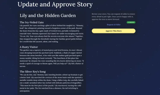 Screenshot of the "Update and Approve Story" page showing the AI-drafted story laid out by chapter on the left, with a "Review your story" panel on the right containing a "Request AI Edits" button (with a credits indicator) and an "Approve This Story" CTA.