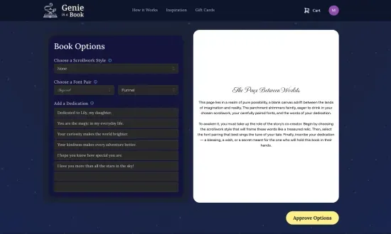Screenshot of the "Book Options" page. On the left, a "Choose a Scrollwork Style" dropdown, a "Choose a Font Pair" selector, and an "Add a Dedication" section with multiple text-input lines pre-filled with sample dedications. On the right, a preview titled "The Page Between Worlds" showing how the dedication page will be styled.