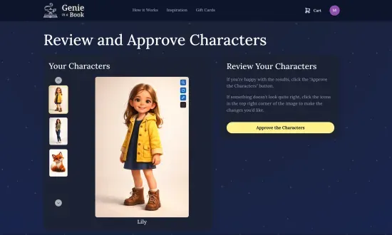 Screenshot of the character preview screen showing AI-generated portraits of each character based on the uploaded photos. A subtle "free preview" badge sits above the grid.