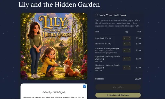 Screenshot of the preview-and-unlock screen. The book cover sits beside a purchase panel listing format options (Paperback, Hardcover, Keepsake Bundle, coloring bundles) with prices, quantity inputs, and a "Read the full flip-book" CTA.