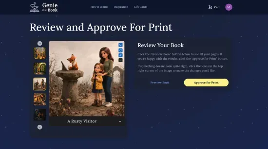 Screenshot of the "Review and Approve For Print" page. A vertical carousel of page thumbnails sits on the left, with one page selected and shown full-size in the middle. A "Preview Book" link and an "Approve for Print" CTA sit on the right.