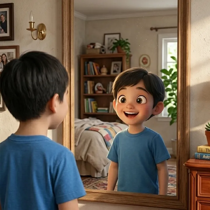 A child seeing their storybook character in a mirror